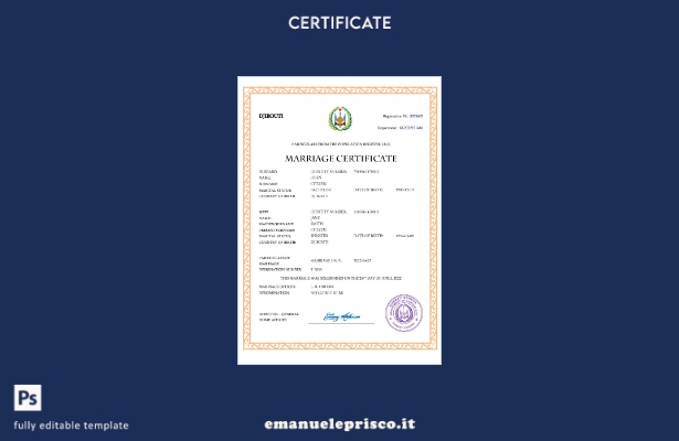 certificato di matrimonio di Gibuti in stile verificato Modello Word e PDF